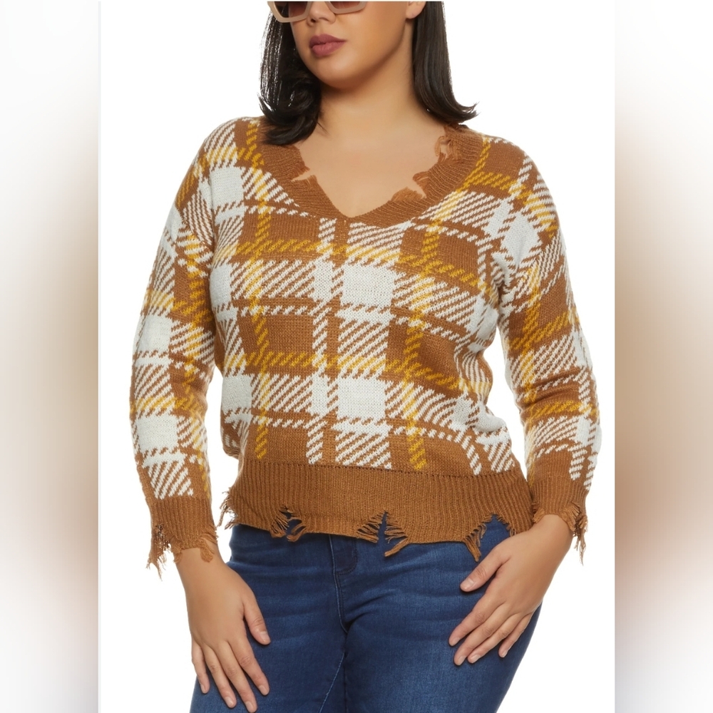 Trendy Threads Distressed Vneck Plaid Sweater Brown, Mustard, Cream NWT Sz. 3X
